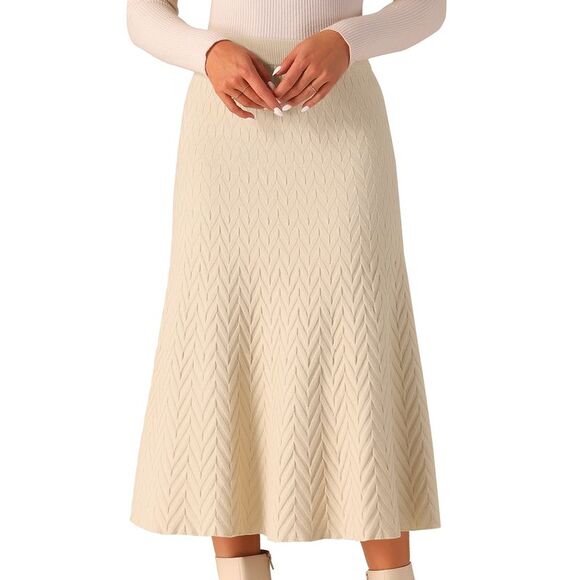 Elastic High Waist Stretchy Sweater Midi Skirt Beige - Picture 1 of 5